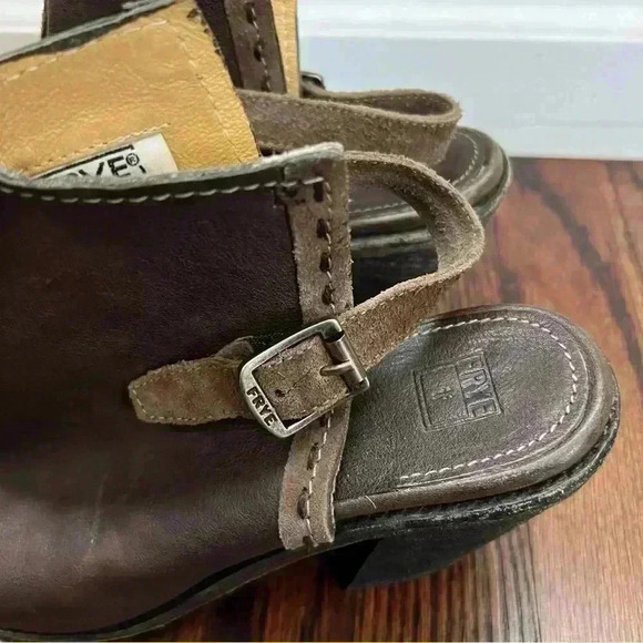 Frye Izzy Artisan Peep Toe Mule Booties Wm Sz 9 B Brown Leather Slingback Sandal - Picture 14 of 16